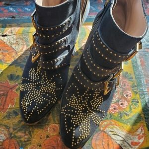 Chloe Black Suede Gold Studded Susanna Ankle Boots Size 8.5 or 9 EU 40
